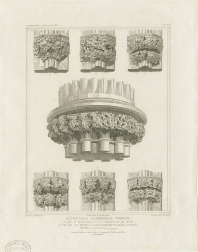 Interiør av Lichfield Cathedral - Klyngesøyle i kapittelhus og braketter i Lady Chapel: gravering, nd [c 1819] (trykk) av John Britton