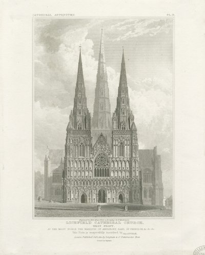 Lichfield Cathedral - West Front: gravering, nd [c 1820] av John Britton