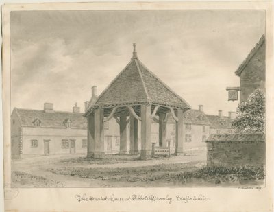 Abbots Bromley - Market House and Stocks: sepia-tegning, 1839 av John Buckler