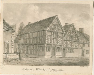 Abbots Bromley Old Houses: sepia-tegning, 1839 av John Buckler