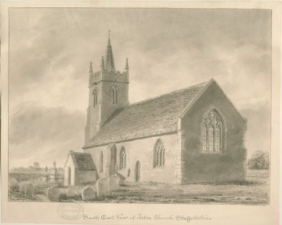 Acton Trussell Church: sepia-tegning, 1841 av John Buckler