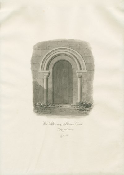 Alrewas kirke - North Doorway: sepia-tegning av John Buckler