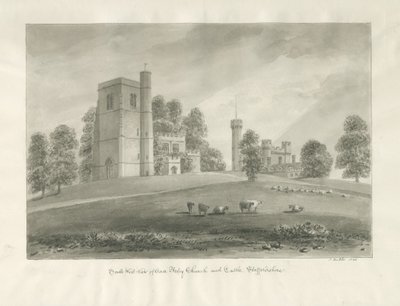 Arley kirke og slott: sepia-tegning av John Buckler