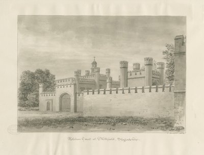 Blithfield Hall - Kitchen Court: sepia tegning av John Buckler