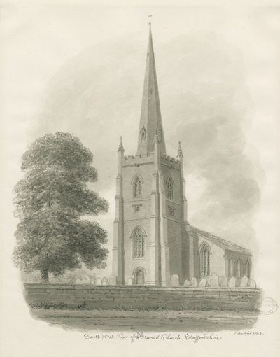 Brewood Church: sepia-tegning, 1843 av John Buckler