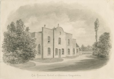 Brewood Grammar School: sepia-tegning, nd [c 1842] (tegning) av John Buckler