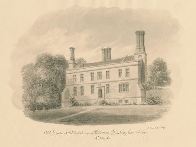 Buckinghamshire - Wellwick - Old House: sepia-tegning vignettert, 1837 av John Buckler