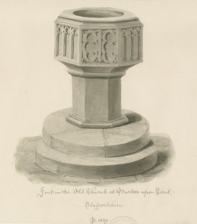 Burton-upon-Trent - Font i den gamle kirken: sepia-tegning av John Buckler