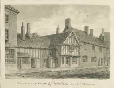 Burton-upon-Trent - Old Houses on High Street: sepia-tegning av John Buckler