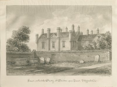 Burton-upon-Trent - Priory House: sepia-tegning av John Buckler