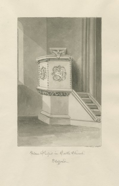 Slottskirken - Steinprekestol i kirken: sepia tegning av John Buckler