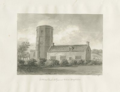 Dilhorne - Church and Grammar School: sepia-tegning av John Buckler