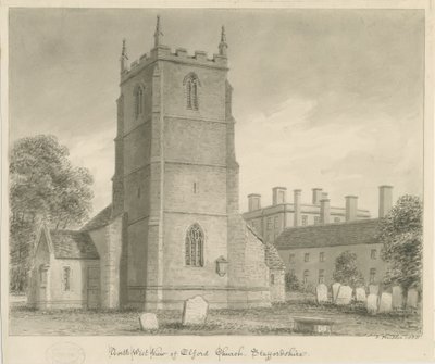Elford Church: sepia-tegning, 1838 av John Buckler