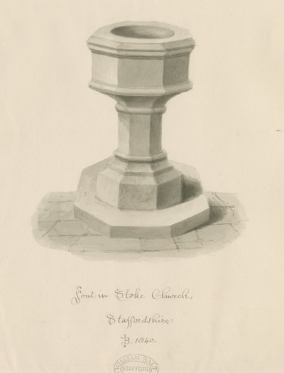 Font Stoke-upon-Trent Church: sepia-tegning av John Buckler