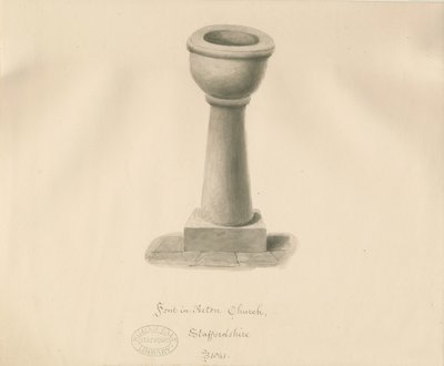 Font i Acton Trussell Church: sepia-tegning, 1841 av John Buckler