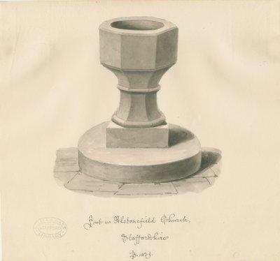 Font i Alstonfield Church: sepia-tegning av John Buckler