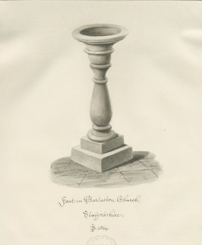 Font i Barlaston Church: sepia vasketegning, 1844 av John Buckler