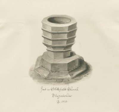 Font i Blithfield Church: sepia-tegning av John Buckler