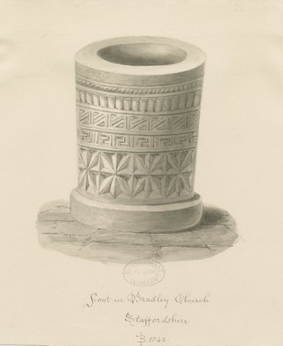 Font i Bradley Church: sepia-tegning, 1842 av John Buckler