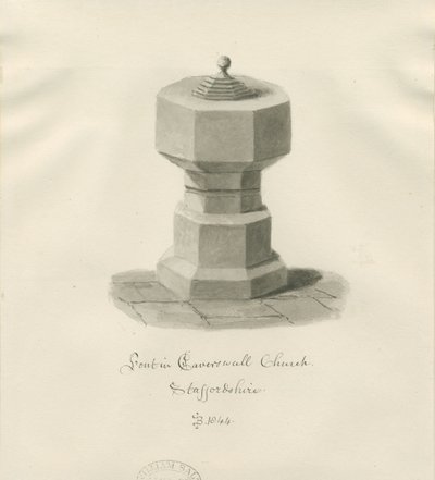 Font i Caverswall Church: sepia-tegning av John Buckler