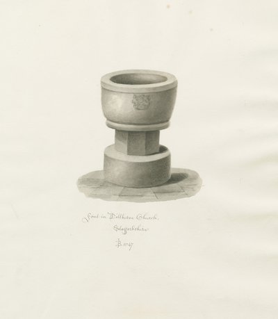 Font i Dilhorne kirke: sepia-tegning, 1847 av John Buckler