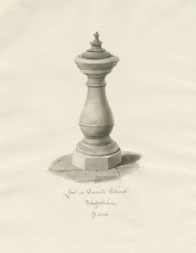 Font i Enville kirke: sepia-tegning av John Buckler