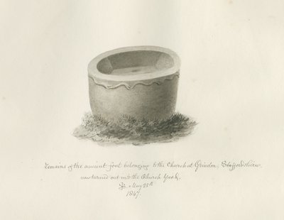 Font i Grindon Church: sepia-tegning, 25. mai 1847 (tegning) av John Buckler