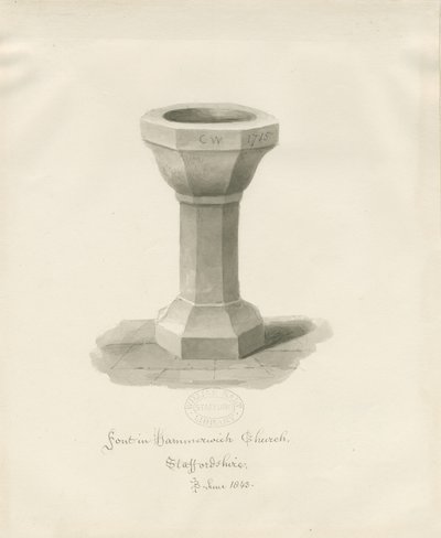 Font i Hammerwich Church: sepia-tegning, juni 1843 (tegning) av John Buckler