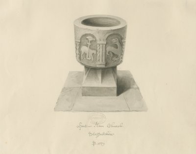 Font i Ilam kirke: sepia tegning av John Buckler