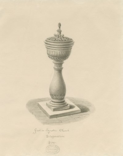 Font i Ingestre kirke: sepia tegning av John Buckler