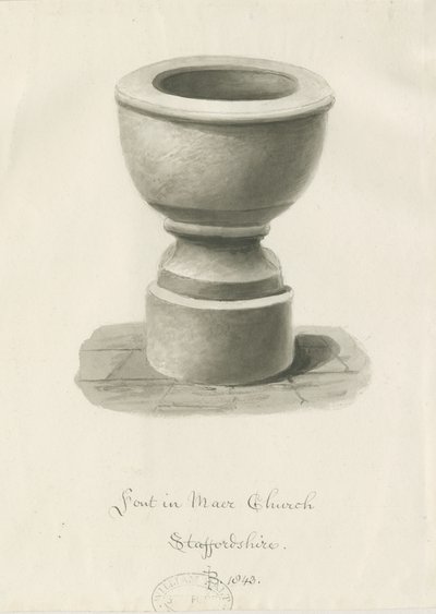 Font i Maer kirke: sepia-tegning av John Buckler