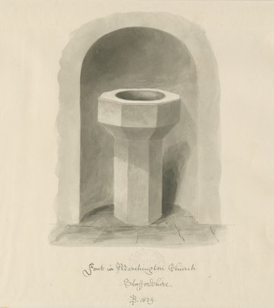 Font i Marchington Church: sepia vasketegning av John Buckler