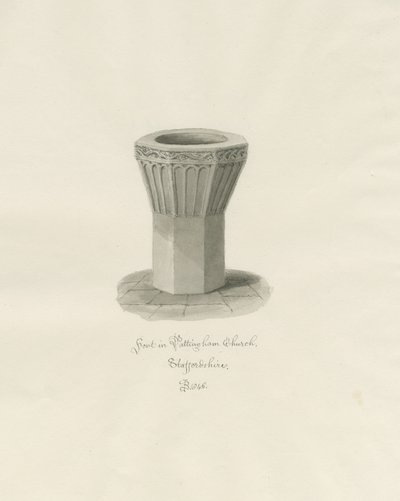 Font i Pattingham Church: sepia vasketegning, 1846 av John Buckler