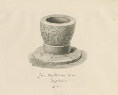 Font i Pipe Ridware Church: sepia-tegning av John Buckler
