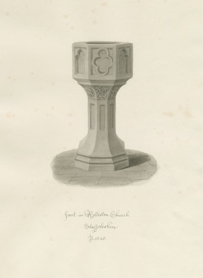 Font i Rolleston Church: sepia-tegning, 1848 av John Buckler