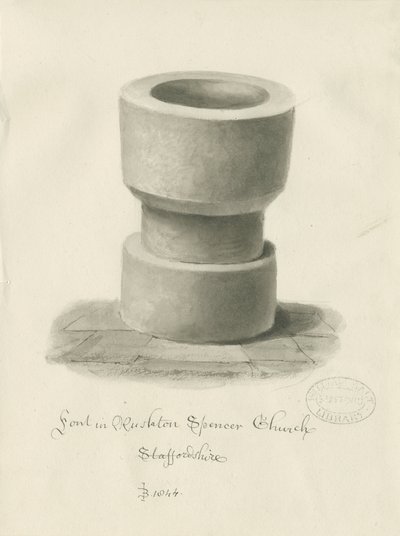 Font i Rushton Spencer Church: sepia vasketegning av John Buckler