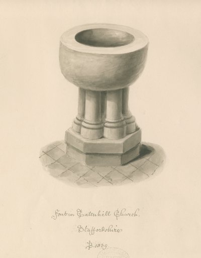 Font i Tatenhill Church: sepia vasketegning av John Buckler