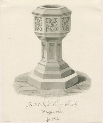 Font i Trentham Church: sepia-tegning, 1844 av John Buckler