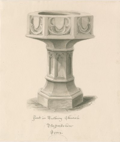 Font i Tutbury Priory Church: sepia vasketegning av John Buckler