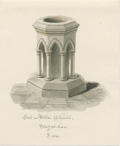Font i Walton-on-the-Hill Church: sepia vask tegning av John Buckler