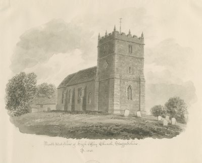 High Offley Church: sepia-tegning, 1843 av John Buckler