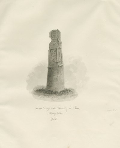 Ilam-kirken - Ancient Cross: sepia-tegning av John Buckler