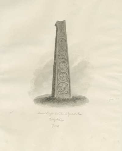 Ilam-kirken - Ancient Cross: sepia-tegning, 1847 av John Buckler