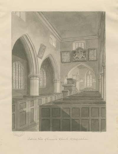 Interiør i Cannock Church: sepia-tegning av John Buckler