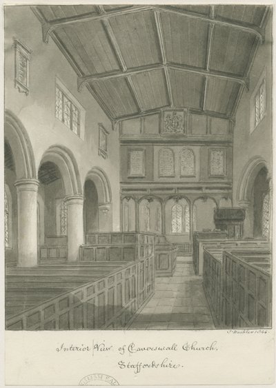 Interiør i Caverswall kirke: sepia tegning av John Buckler
