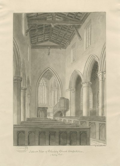 Interiør i Checkley Church: sepia-tegning av John Buckler