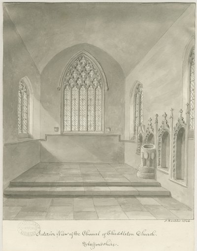 Interiør i Cheddleton Church: sepia-tegning av John Buckler