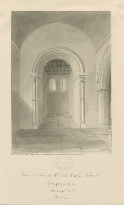 Interiør i Church Eaton Church: sepia-tegning av John Buckler
