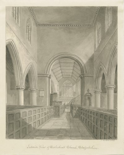 Interiør i Eccleshall kirke: sepia-tegning, 1842 av John Buckler