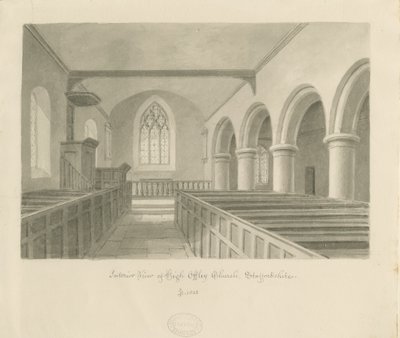 Interiør i High Offley Church: sepia-tegning av John Buckler